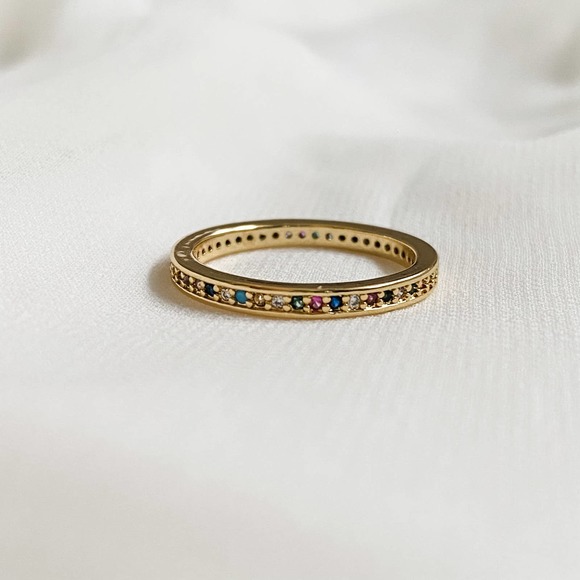 Gold Dainty Rainbow CZ Diamond Ring Band - Picture 5 of 9